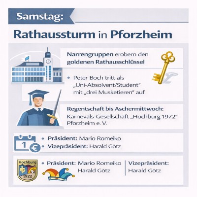 Rathaussturm in Pforzheim: Narrengruppen übernehmen bis Aschermittwoch
